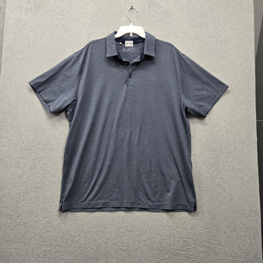 Under Armour Men Polo 2XL Blue Striped Heatgear Activewear Logo Loose Collar